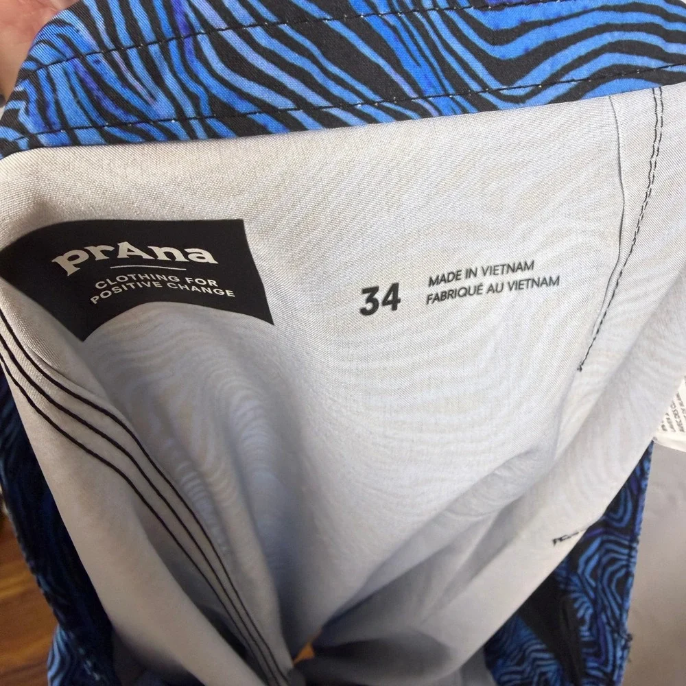 Prana Mens Blue Black Wave Print Board Shorts Swim Trunks 1969521 Size 34